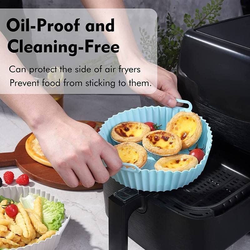 HMORA Air Fryer Liners I Round Silicone Basket Baking Tray I Pot with Ear Handles I Nonstick Reusable Heat Resistant I Cooking Oven Insert Accessories - Multicolor (8 inch, Pack of 2)