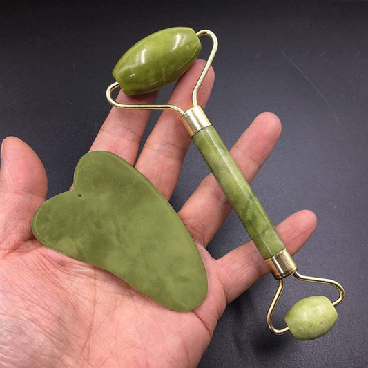 HMORA Facial Massager Jade Roller & Gua Sha Tool Natural Himalayan Stone for Face Neck Healing Skin Wrinkles & Serum Application
