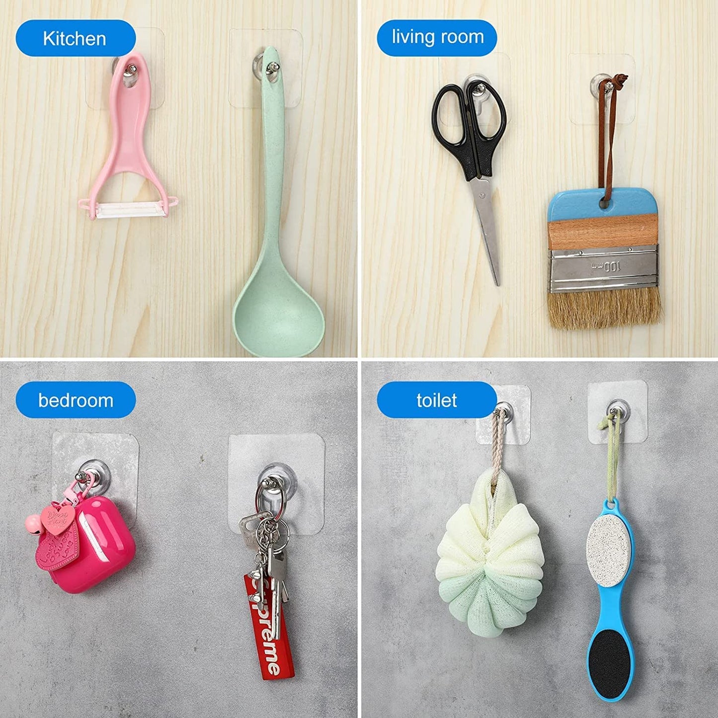 HMORA Stainless Steel, PVC, ABS Nail Free Seamless Adhesive Non-Trace No Drilling Installation Hanging, Waterproof Screws Wall Hook (Transparent)