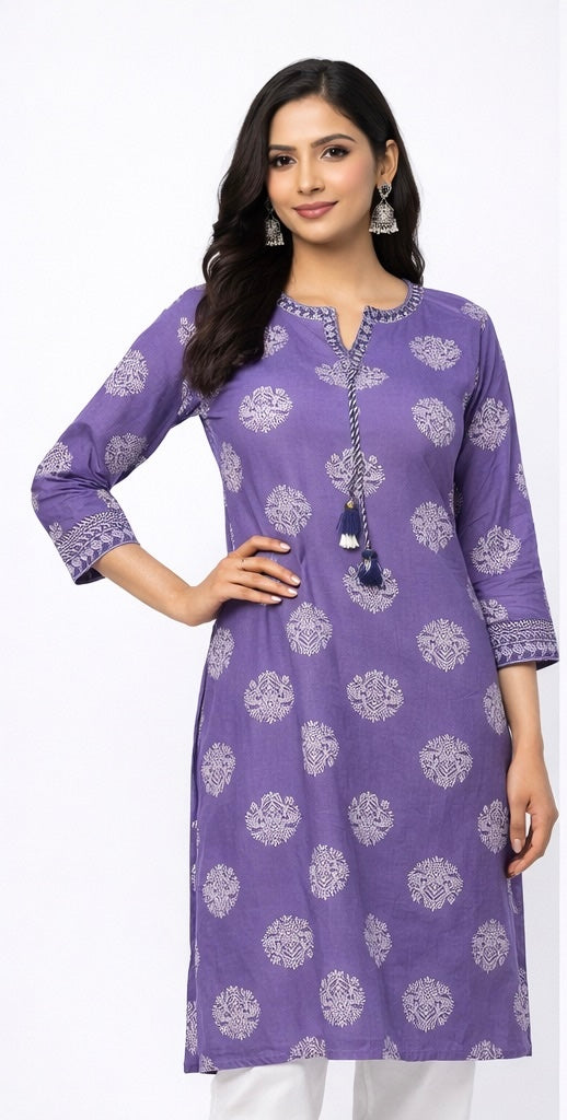 Elegant Long Cotton Kurti with Mirror Work & Printed Design