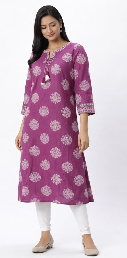 Elegant Long Cotton Kurti with Mirror Work & Printed Design