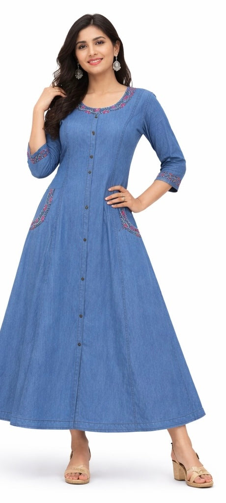 Stylish Long Denim Kurti with Stitch Work & Side Pockets