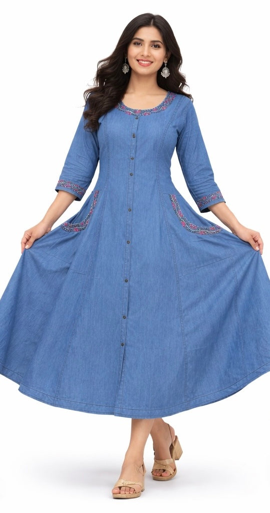Stylish Long Denim Kurti with Stitch Work & Side Pockets