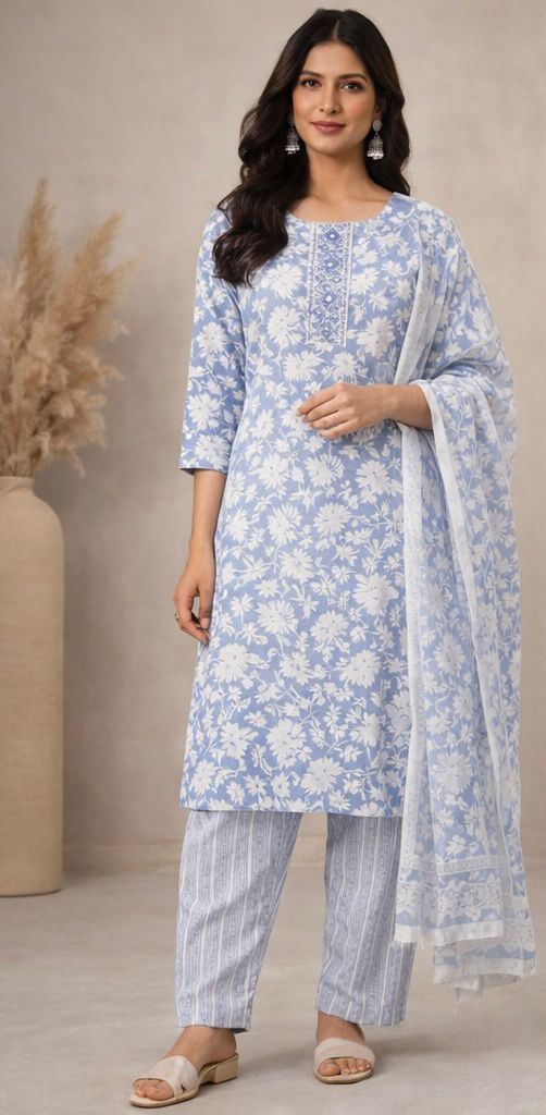 Elegant 3-Piece Pure Cotton Suit with Delicate Neck Stitching