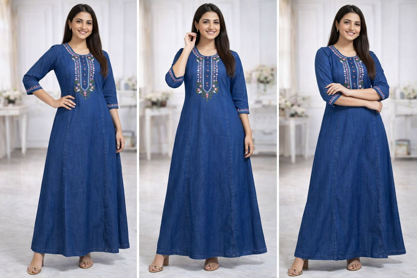 Women’s Denim Embroidered Long Kurti (M to XXL)