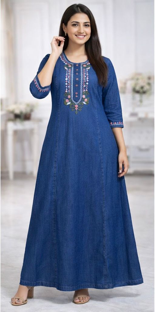 Women’s Denim Embroidered Long Kurti (M to XXL)