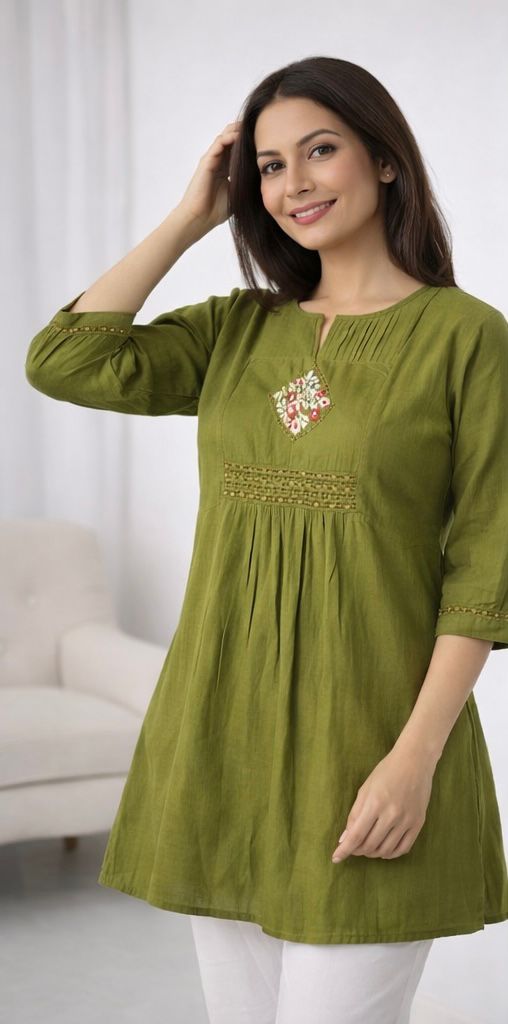 Elegant Dhaboo Cotton Short Kurti with Kaju Katri Style Stitch Work