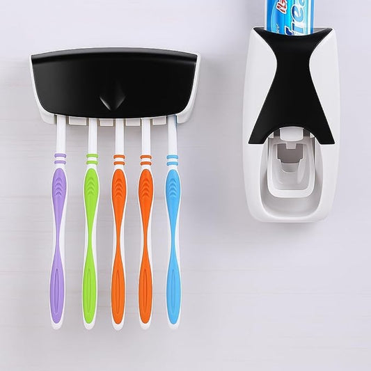 Hands-Free Wall Mounted Toothpaste Dispenser with 5-Slot Toothbrush Holder
