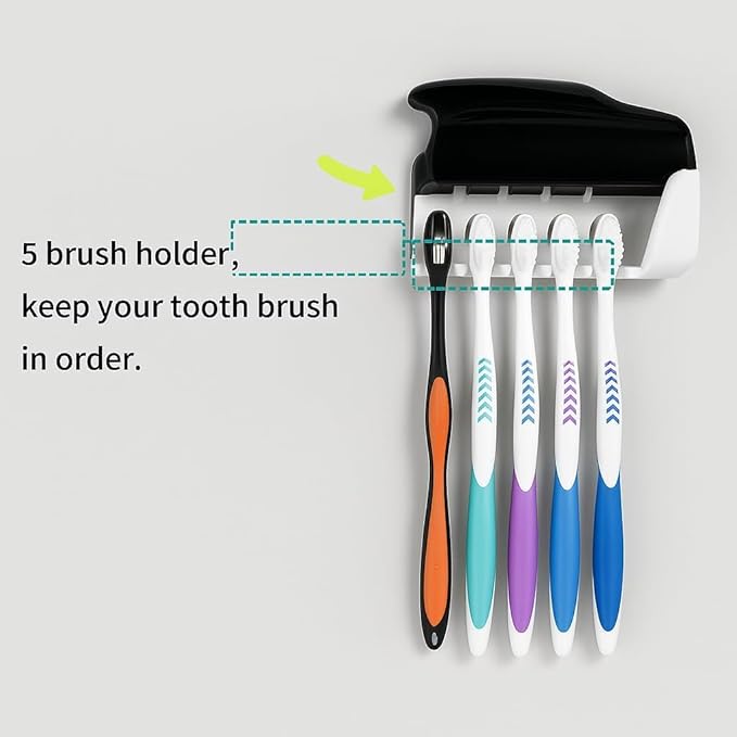 Hands-Free Wall Mounted Toothpaste Dispenser with 5-Slot Toothbrush Holder