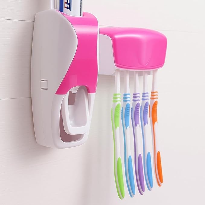 Hands-Free Wall Mounted Toothpaste Dispenser with 5-Slot Toothbrush Holder