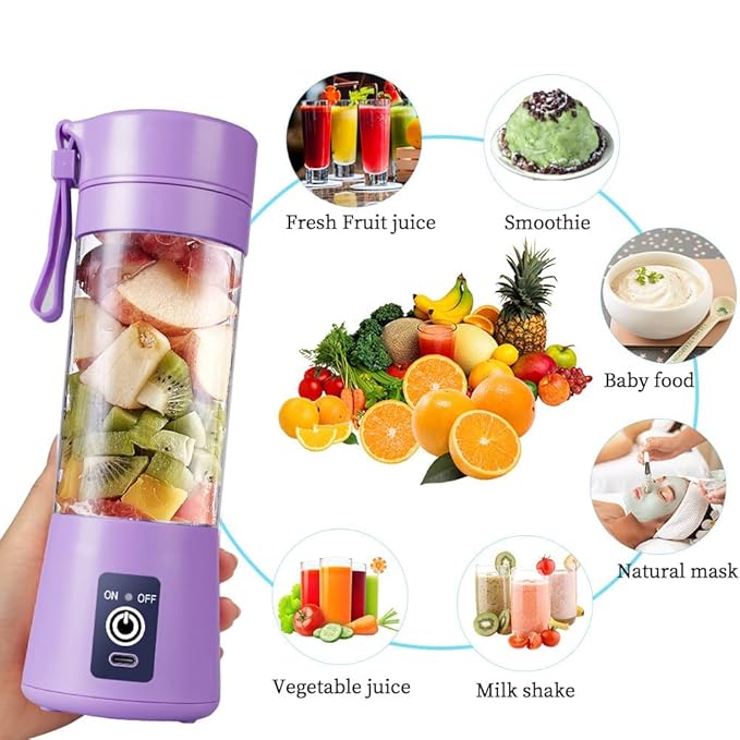 Portable 6-Blade Juicer Blender with built-in Jar, Juice Mixer Bottle, Fruit Juice Machine, USB Rechargeable Personal Size Juicer Grinder for Juices, Protein & Milk Shakes