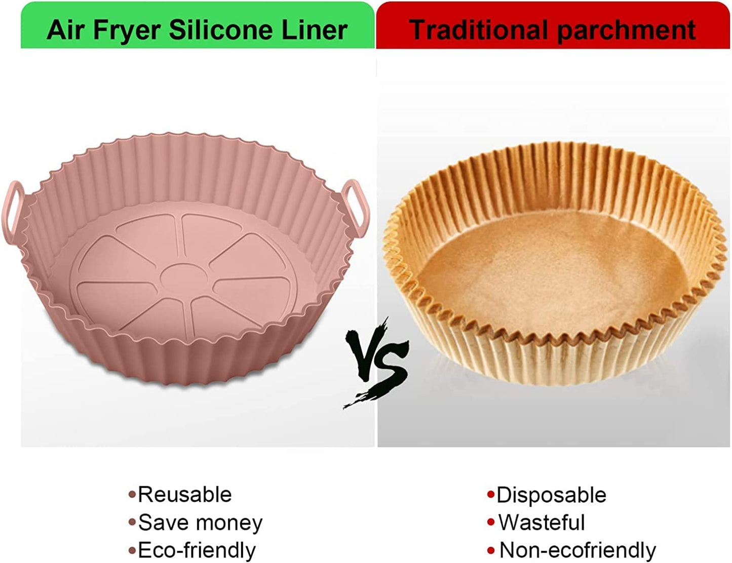 HMORA Air Fryer Liners I Round Silicone Basket Baking Tray I Pot with Ear Handles I Nonstick Reusable Heat Resistant I Cooking Oven Insert Accessories - Multicolor (8 inch, Pack of 2)