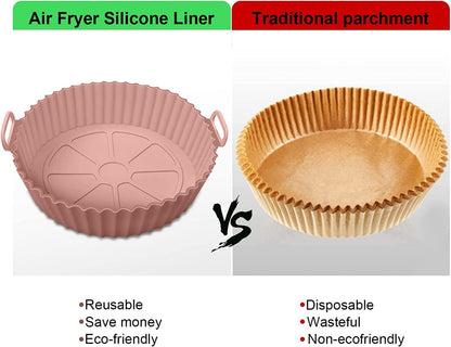 HMORA Air Fryer Liners I Round Silicone Basket Baking Tray I Pot with Ear Handles I Nonstick Reusable Heat Resistant I Cooking Oven Insert Accessories - Multicolor (8 inch, Pack of 2)