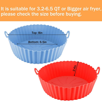 HMORA Air Fryer Liners I Round Silicone Basket Baking Tray I Pot with Ear Handles I Nonstick Reusable Heat Resistant I Cooking Oven Insert Accessories - Multicolor (8 inch, Pack of 2)