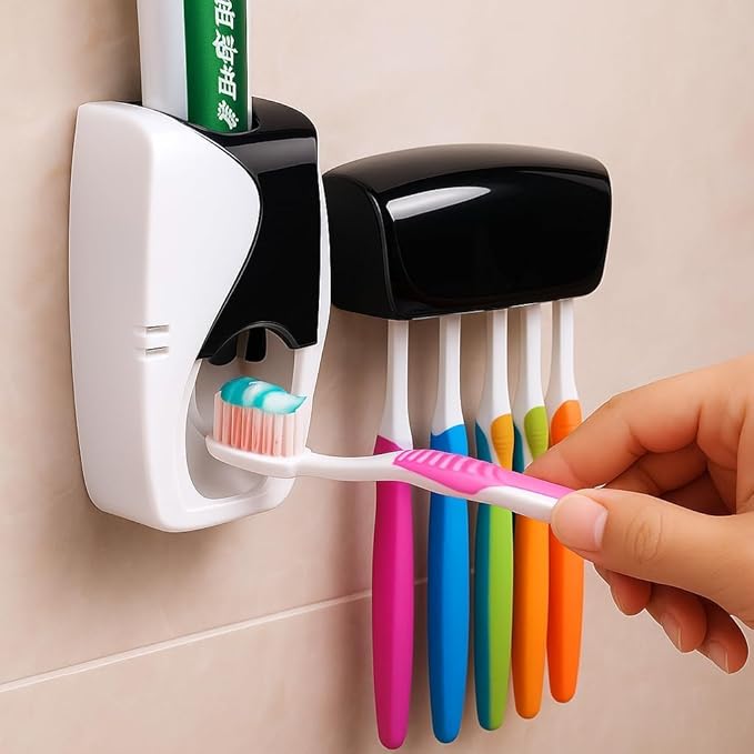 Hands-Free Wall Mounted Toothpaste Dispenser with 5-Slot Toothbrush Holder