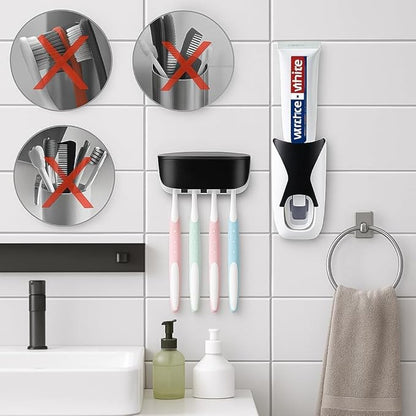 Hands-Free Wall Mounted Toothpaste Dispenser with 5-Slot Toothbrush Holder