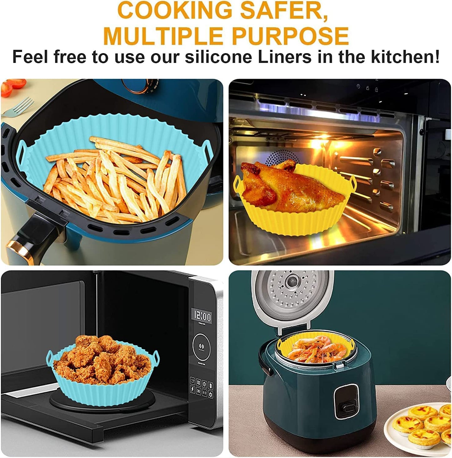 HMORA Air Fryer Liners I Round Silicone Basket Baking Tray I Pot with Ear Handles I Nonstick Reusable Heat Resistant I Cooking Oven Insert Accessories - Multicolor (8 inch, Pack of 2)