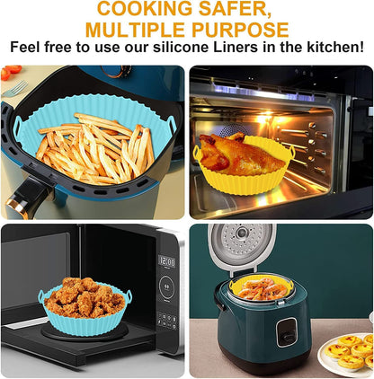 HMORA Air Fryer Liners I Round Silicone Basket Baking Tray I Pot with Ear Handles I Nonstick Reusable Heat Resistant I Cooking Oven Insert Accessories - Multicolor (8 inch, Pack of 2)