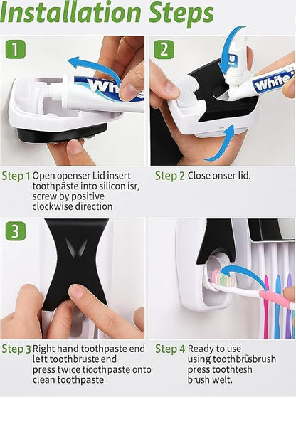 Hands-Free Wall Mounted Toothpaste Dispenser with 5-Slot Toothbrush Holder