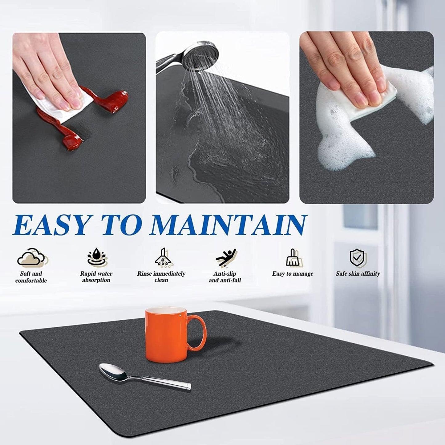 HMORA Dish Dry Mat | Microfiber Home Drying Mat | Reversible Mat | Kitchen Absorbent Mat for Kitchen, Home, Office and Laundry | (30 x 40cm)