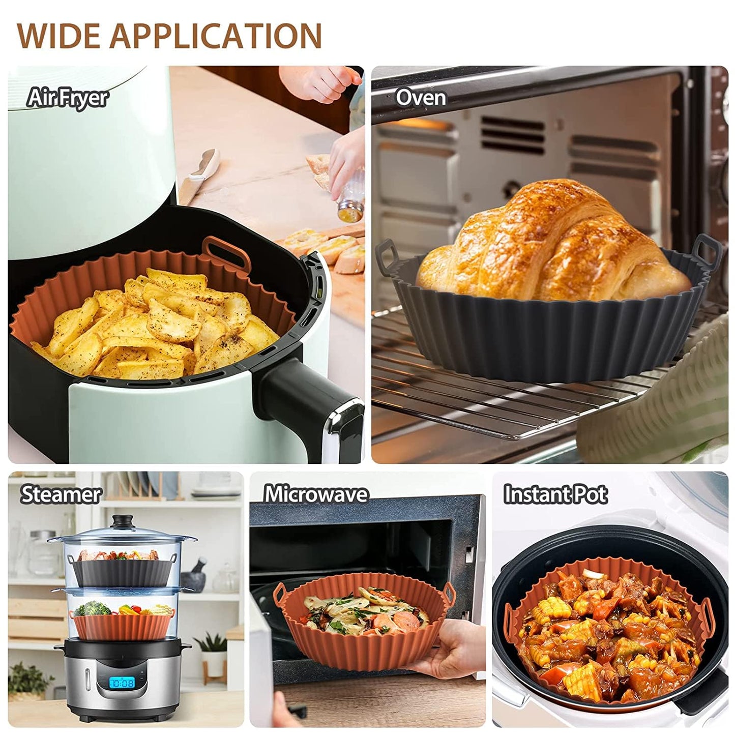 HMORA Air Fryer Liners I Round Silicone Basket Baking Tray I Pot with Ear Handles I Nonstick Reusable Heat Resistant I Cooking Oven Insert Accessories - Multicolor (8 inch, Pack of 2)