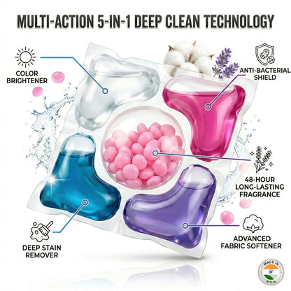 5-in-1 Laundry Detergent Pods - Multi-Chamber Capsules for Front & Top Load Washing Machines - Deep Stain Remover, Fabric Softener & Long-Lasting Fragrance - High Efficiency