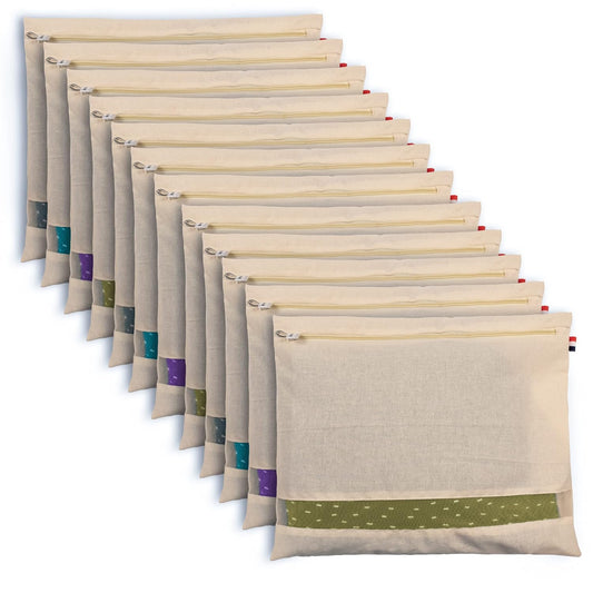 HMORA Cotton Saree Bags/Covers For Storage (Set Of - 12) Big Size Single (16 X 14 Inches) With Zip Closure For Clothes Bags And Wardrobe Organizer With Transparent Mesh Window, Beige