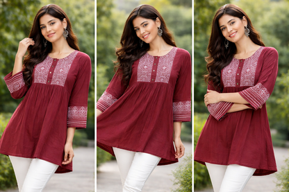 Premium Dhaboo Cotton Embroidered Short Kurti