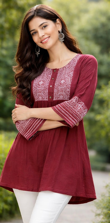Premium Dhaboo Cotton Embroidered Short Kurti
