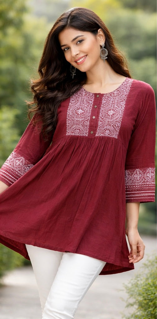 Premium Dhaboo Cotton Embroidered Short Kurti