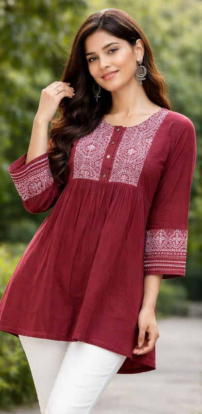 Premium Dhaboo Cotton Embroidered Short Kurti