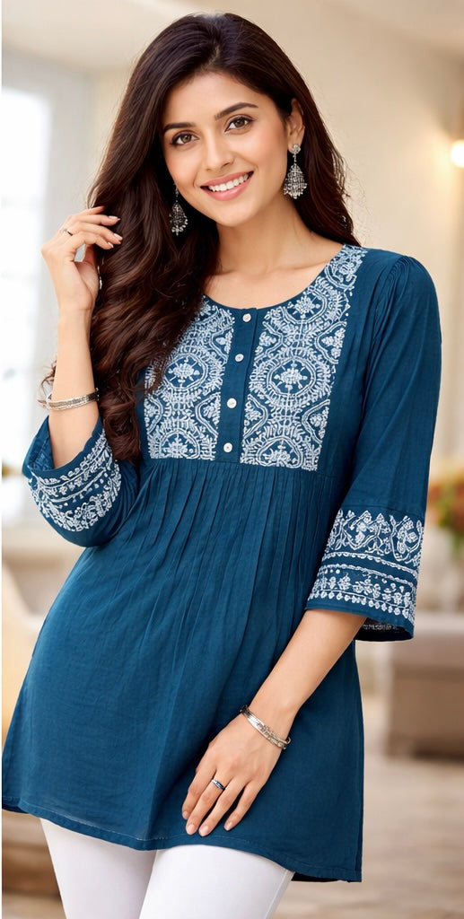 Premium Dhaboo Cotton Embroidered Short Kurti