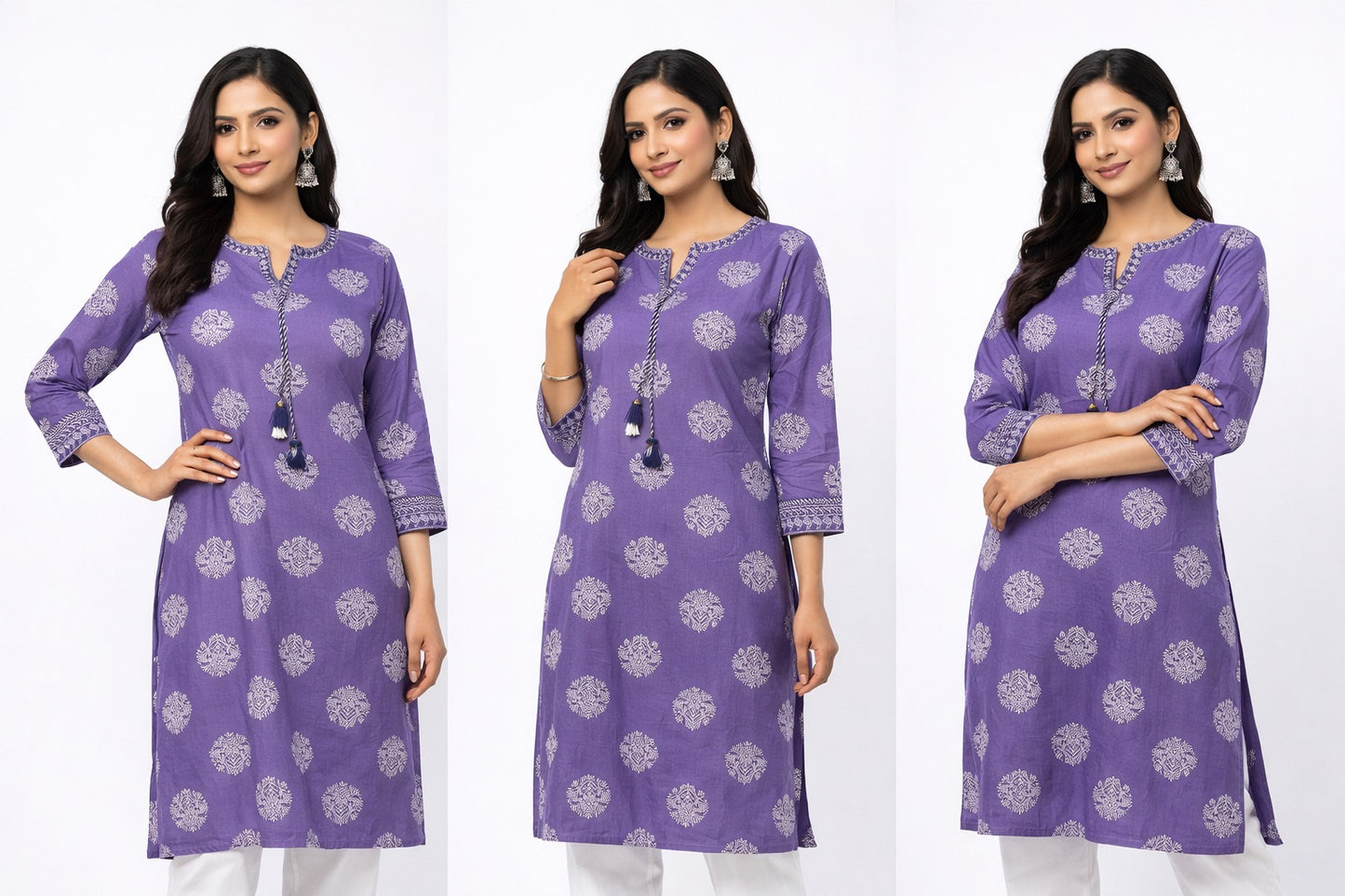 Elegant Long Cotton Kurti with Mirror Work &amp; Printed Design