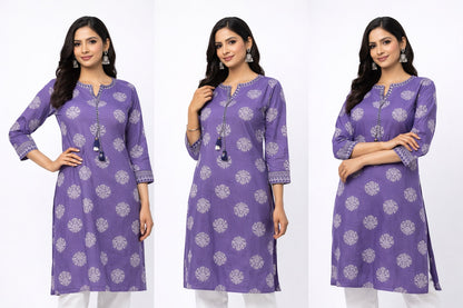 Elegant Long Cotton Kurti with Mirror Work &amp; Printed Design