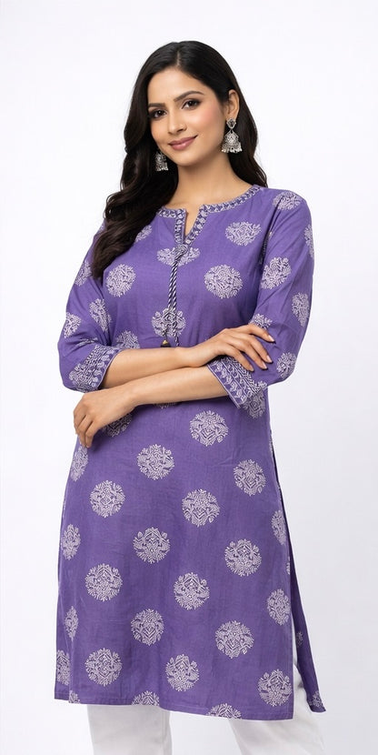 Elegant Long Cotton Kurti with Mirror Work &amp; Printed Design