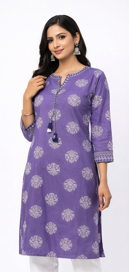 Elegant Long Cotton Kurti with Mirror Work &amp; Printed Design