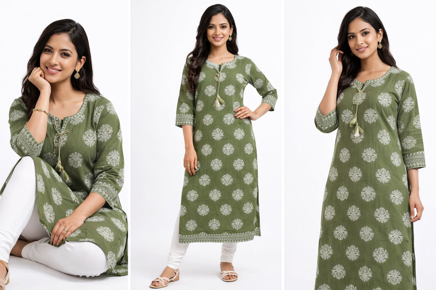 Elegant Long Cotton Kurti with Mirror Work &amp; Printed Design
