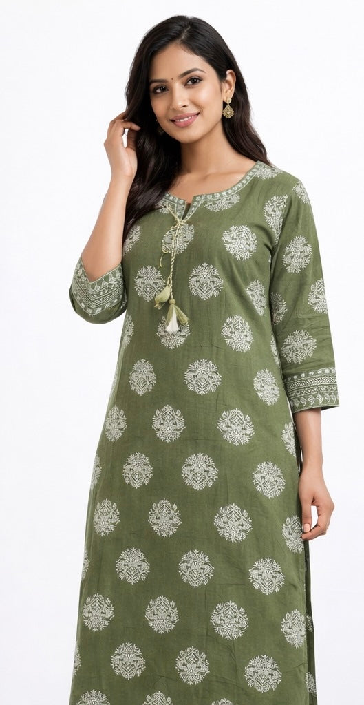 Elegant Long Cotton Kurti with Mirror Work &amp; Printed Design