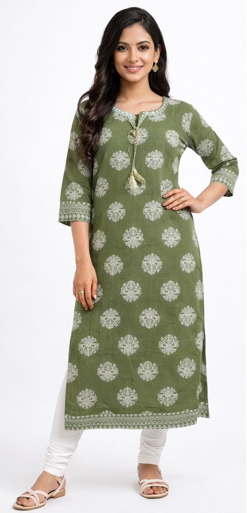 Elegant Long Cotton Kurti with Mirror Work &amp; Printed Design