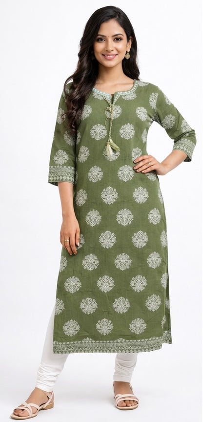 Elegant Long Cotton Kurti with Mirror Work &amp; Printed Design