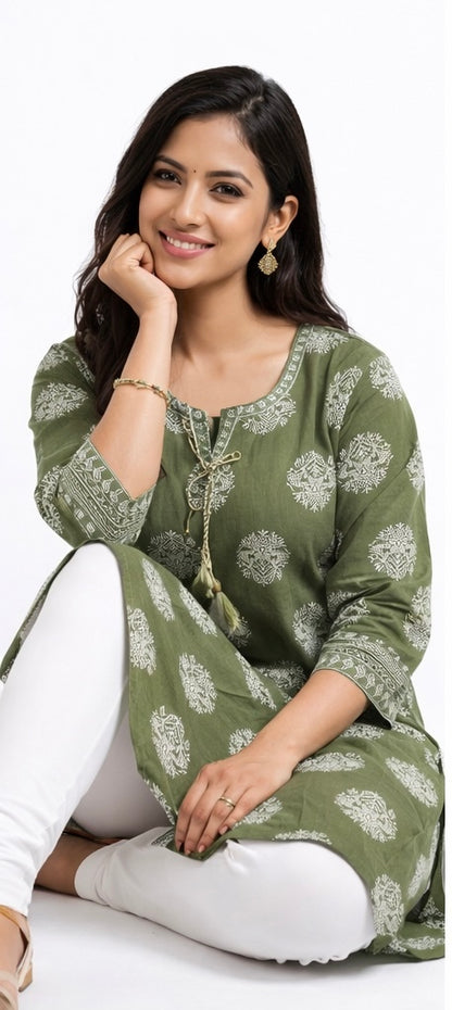 Elegant Long Cotton Kurti with Mirror Work &amp; Printed Design