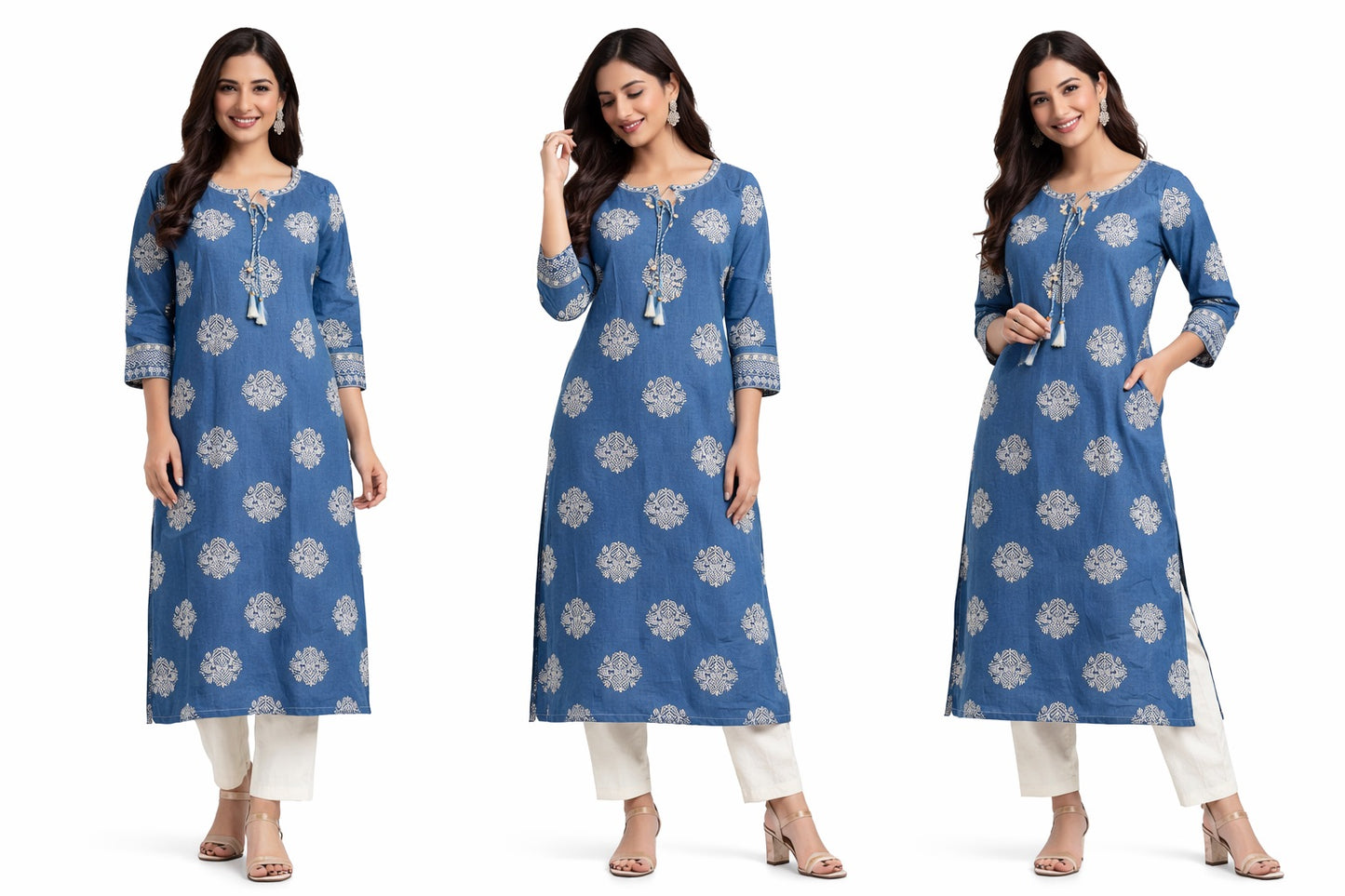 Elegant Long Cotton Kurti with Mirror Work &amp; Printed Design