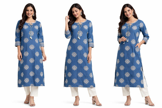 Elegant Long Cotton Kurti with Mirror Work &amp; Printed Design