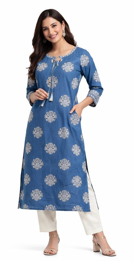 Elegant Long Cotton Kurti with Mirror Work &amp; Printed Design