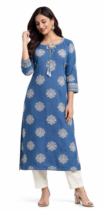 Elegant Long Cotton Kurti with Mirror Work &amp; Printed Design
