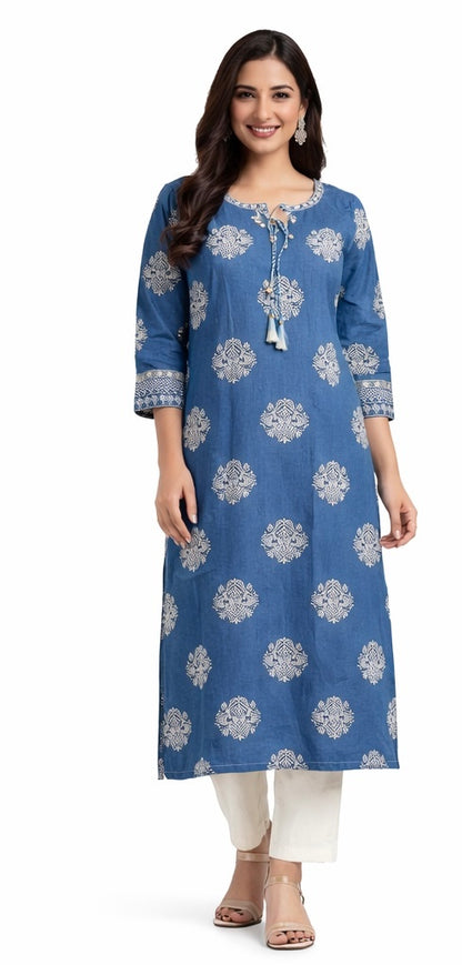 Elegant Long Cotton Kurti with Mirror Work &amp; Printed Design