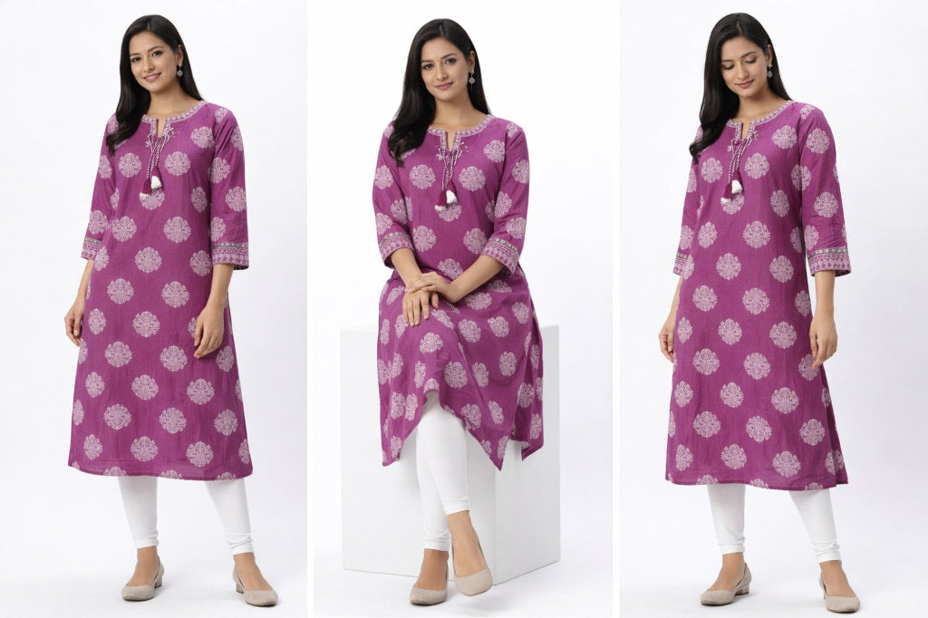 Elegant Long Cotton Kurti with Mirror Work & Printed Design