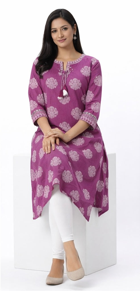 Elegant Long Cotton Kurti with Mirror Work & Printed Design