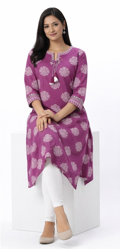 Elegant Long Cotton Kurti with Mirror Work & Printed Design