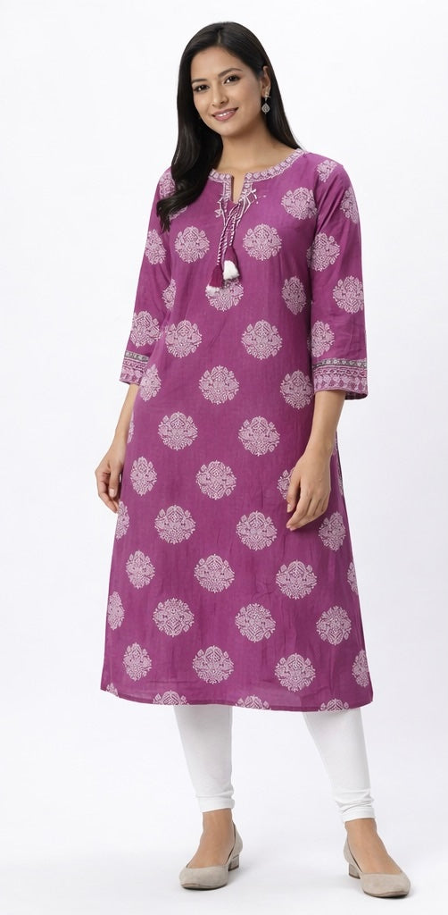 Elegant Long Cotton Kurti with Mirror Work & Printed Design